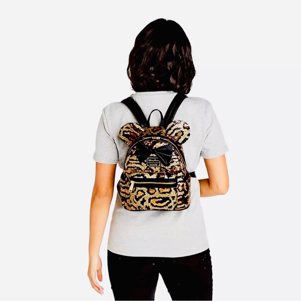 Minnie Mouse Leopard Cheetah Sequined Print Loungefly Mini Backpack - Picture 2 of 5
